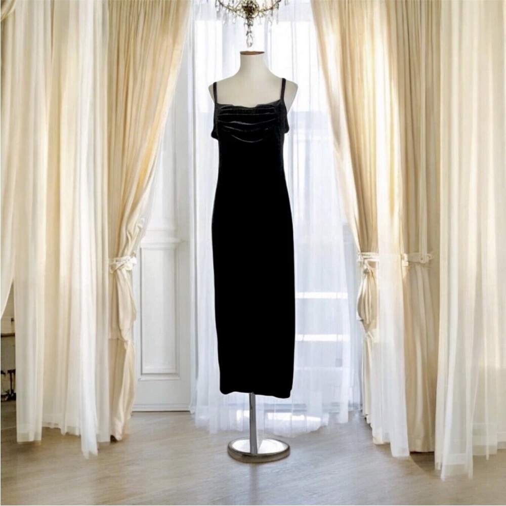 Vintage 90s Teddi Evening Black Velvet Cowl Neck Maxi Cocktail Dress Shrug 10P